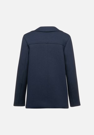 Cappotto blu navy con un design strutturato, dotato di colletto, maniche lunghe e dettagli di cucitura minimalista sul retro.