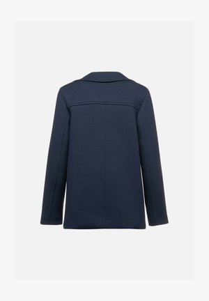 Cappotto blu navy con un design strutturato, dotato di colletto, maniche lunghe e dettagli di cucitura minimalista sul retro.