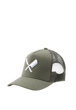 Casquette trucker vert olive avec dos en mesh et broderie blanche de coupe-coupe et couteau croisés sur le panneau avant.