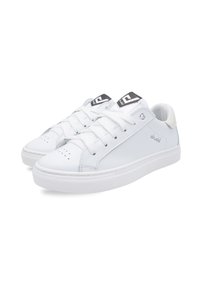 White leather sneakers with round toe, lace-up front, perforated detailing, padded collar, and contrasting black logo on tongue. Flat rubber sole.