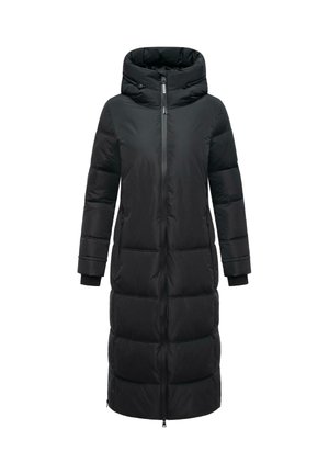 Lange, puffy zwarte jas met capuchon, voorzien van een volledige rits, elastische manchetten en een gewatteerd patroon. Soepele, waterafstotende buitenstof.