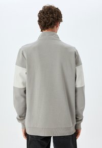Grå sweatshirt med hög krage, med kontrasterande ljusgrå paneler på ärmarna och ribbad mudd. Mjuk textur och avslappnad passform.