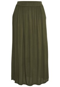 Jupe longue plissée en tissu léger de couleur vert olive, avec une taille élastique pour le confort et un design fluide et élégant.