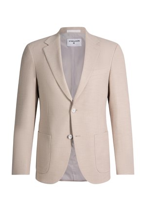 Beiger einreihiger Herrenblazer mit Kerbkragen, zwei Vorderknöpfen, aufgesetzten Taschen und glattem hellgrauem Futter.