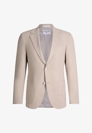 Blazer beige da uomo monopetto con rever a lancia, due bottoni frontali, tasche applicate e fodera liscia grigio chiaro.
