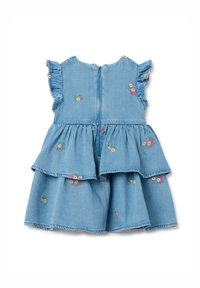 Denim dress with ruffled sleeves, a V-back, and floral embroidery in pink, yellow, and green. Features two tiered, gathered layers at the skirt.