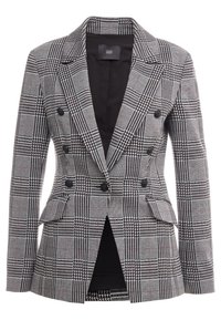 Blazer à carreaux noir et blanc à double boutonnage avec col à revers cranté, six boutons, poches à rabat, coupe ajustée avec doublure intérieure noire.