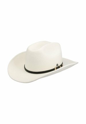 Off-white cowboy hat with a creased crown and a black braided band featuring small metallic buckle accents.