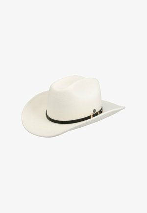 Off-white cowboy hat with a creased crown and a black braided band featuring small metallic buckle accents.
