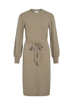 Bežové dlouhé šaty s rukávy na manžety, kulatým výstřihem a stahovacími pasem. Vyrobené z měkkého materiálu, s jednoduchým, rovnými siluetou.