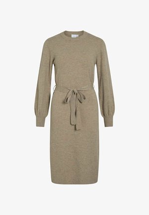 Beige long-sleeve dress with ribbed cuffs, a round neckline, and a tie waist. Made of soft material, featuring a simple, straight silhouette.