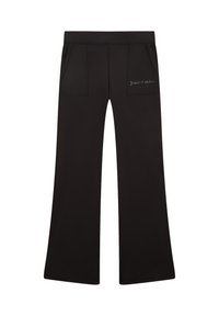 Zwarte flared broeken van rekbare stof, met twee voorzakken en een subtiele logo-detail op een zak. Glad materiaal.