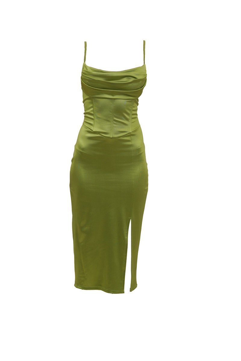 lime green cowl neck dress Neon Green Satin Cowl Neck Midi Dress – IRHAZ main image 1