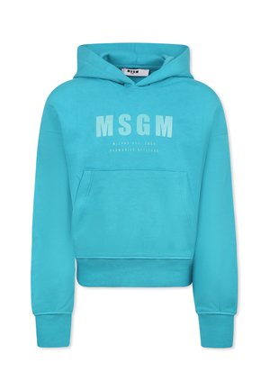 Turkusowy cropped hoodie wykonany z miękkiego materiału, z przednią kieszenią i nadrukowanym napisem. Posiada kaptur ze sznurkiem i ściągacze przy mankietach.