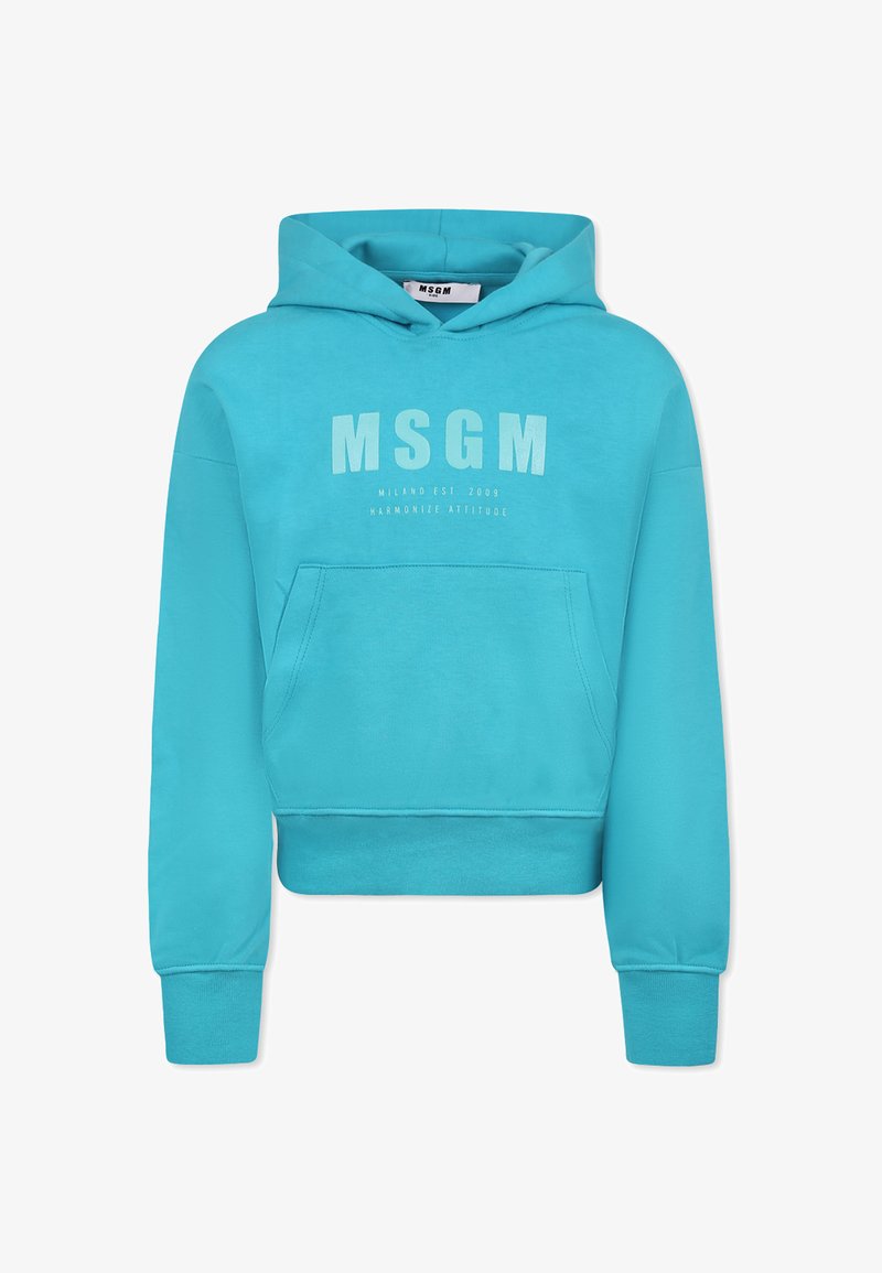 Haut court turquoise en tissu doux, doté d'une poche avant et de texte imprimé. Il possède une capuche avec cordon de serrage et des poignets côtelés.