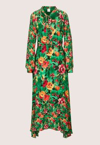 Florales Maxikleid aus grünem Stoff mit bunten Blumen, langen Ärmeln, einer Schleife am Hals und einem asymmetrischen Saum.