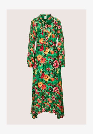 Florales Maxikleid aus grünem Stoff mit bunten Blumen, langen Ärmeln, einer Schleife am Hals und einem asymmetrischen Saum.