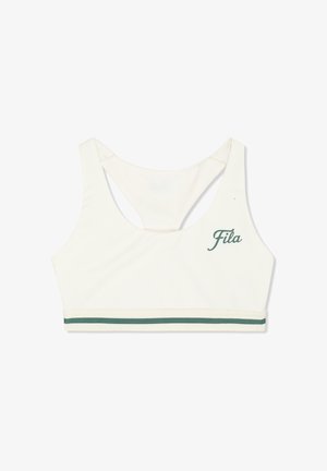 Biały sportowy stanik z odkrytymi plecami typu racerback, z zielonym paskiem w paski i zielonym logo "Fila" na przedniej, prawej stronie.