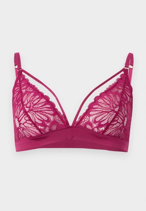 Lila Spitzen-Bralette mit Blumenmustern, dünnen verstellbaren Trägern und einem glatten, elastischen Bund unter der Brust.