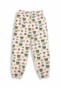 Witte sweatpants met een elastische tailleband en boorden, bedekt met meerkleurige cartoon-bear gezichten, vlammen, harten, kronen, vlaggen en tekstpatronen.