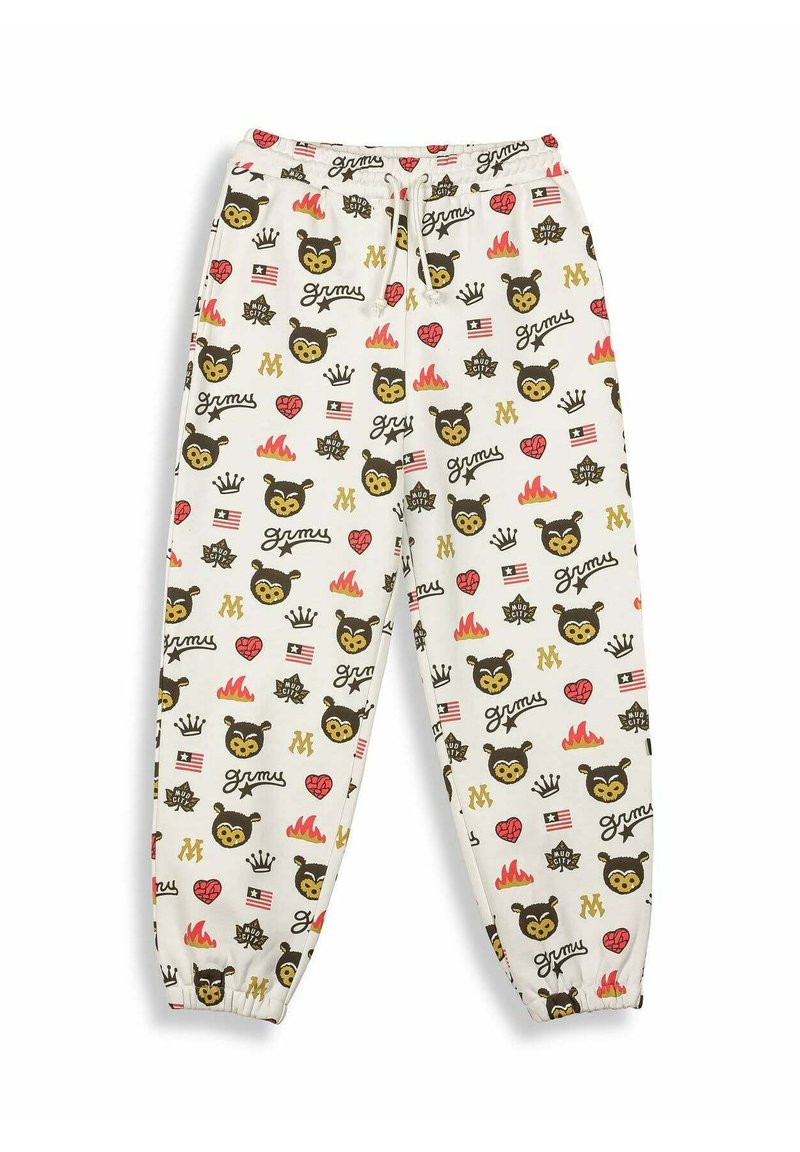 Witte sweatpants met een elastische tailleband en boorden, bedekt met meerkleurige cartoon-bear gezichten, vlammen, harten, kronen, vlaggen en tekstpatronen.