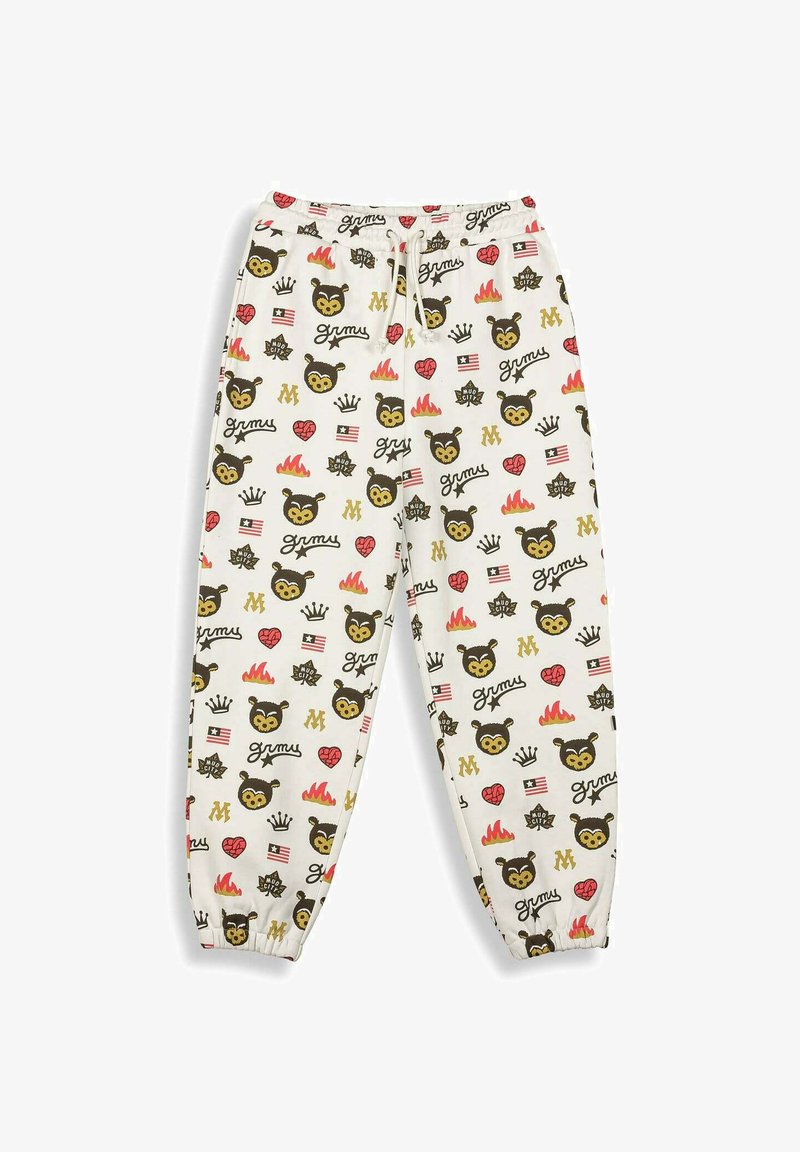 Weiße Jogginghose mit elastischem Bund und Bündchen, bedeckt mit mehrfarbigen Cartoon-Bärengesichtern, Flammen, Herzen, Kronen, Fahnen und Textmustern.