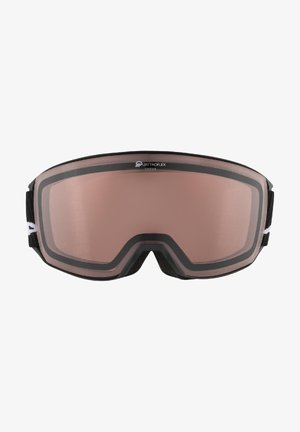 Skibrille mit einer großen, spiegelnden rosafarbenen Linse, schwarzem Rahmen und weichen Schaumkanten. Mit einem Logo an der Oberseite und verstellbaren Seitenriemen.