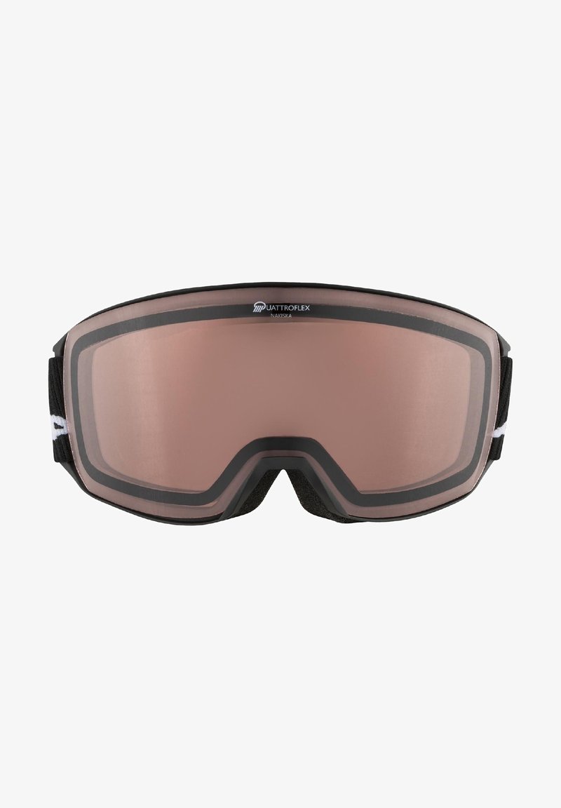 Ski goggles with a large, mirrored rose lens, black frame, and soft foam edges. Features a logo at the top and adjustable side straps.