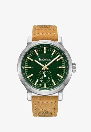 Grüne Zifferblatt-Uhr mit goldenen Akzenten, Edelstahlgehäuse und braunem Lederarmband mit geprägt Logo und stitching Details.