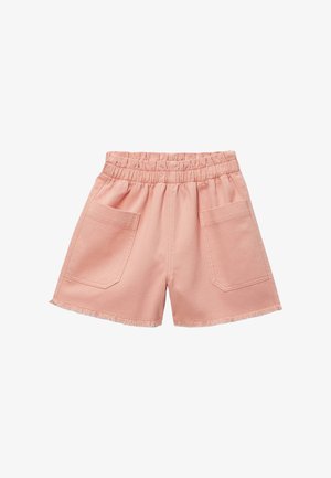 Shorts décontractés roses avec taille élastique, deux poches plaquées à l'avant et ourlets bruts.