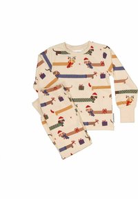 Cotton pajama set in beige, featuring playful dog and gift graphics. Includes long-sleeve top and matching pants with ribbed cuffs.