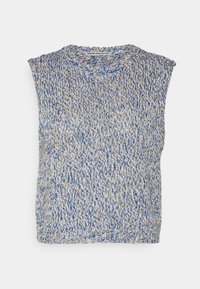 Bez rękawów sweter z dzianiny w kolorach niebieskim, beżowym i żółtym; teksturowana tkanina o luźnym kroju; okrągły dekolt; bez zapięć i dodatkowych detali.