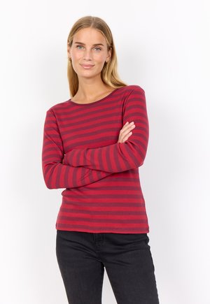 Red and dark red striped long-sleeve shirt with a round neckline, ribbed texture, paired with black jeans. Fitted design with a smooth finish.
