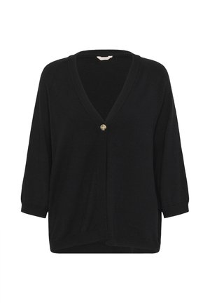 Cardigan en maille noire avec col en V, une fermeture à bouton en écaille de tortue, et manches trois-quarts.