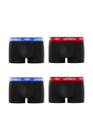 Quatre boxers pour hommes noirs avec ceintures élastiques, deux avec des bandes bleues et deux avec des bandes rouges, tous arborant le logo Umbro.