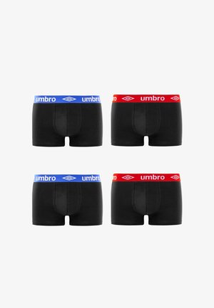 Quatre boxers pour hommes noirs avec ceintures élastiques, deux avec des bandes bleues et deux avec des bandes rouges, tous arborant le logo Umbro.