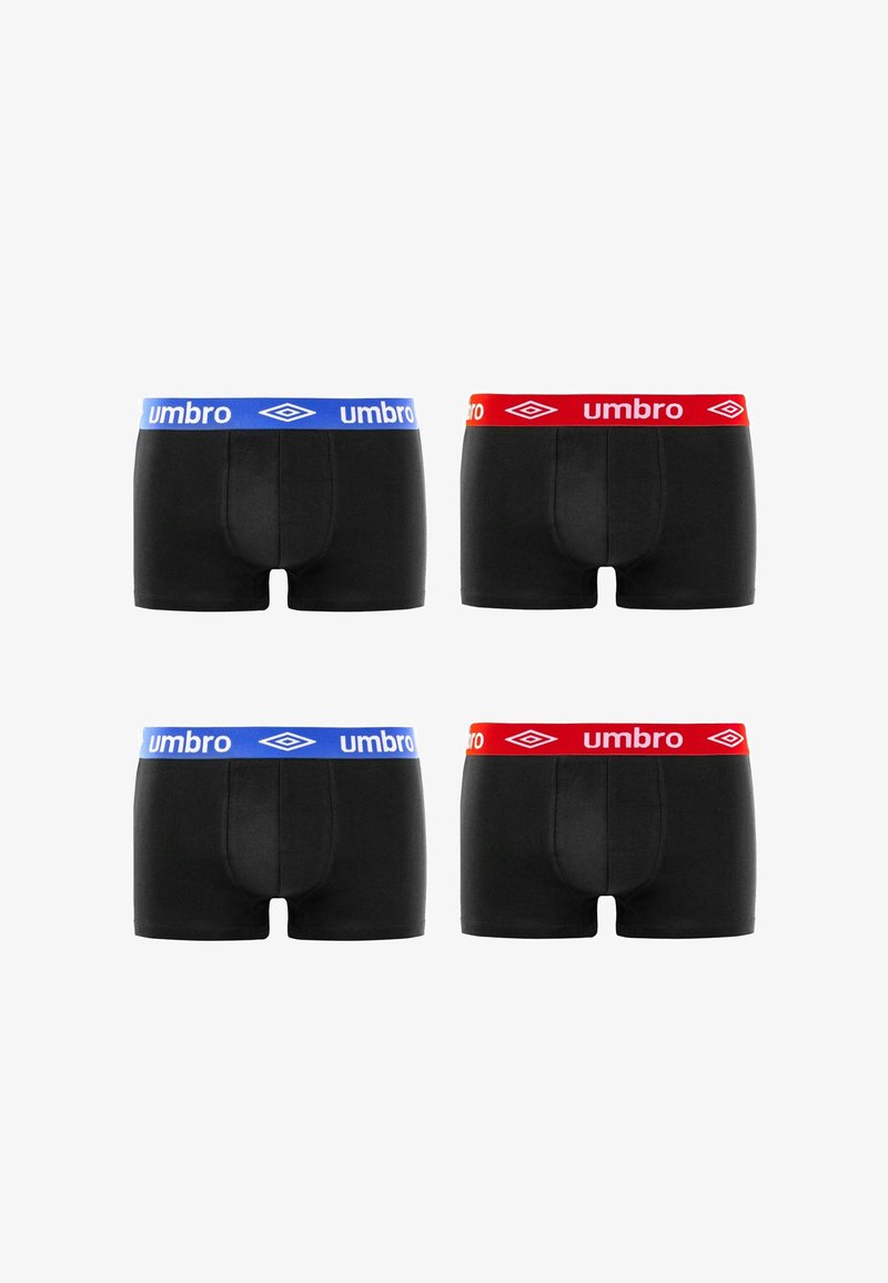 Quatre boxers pour hommes noirs avec ceintures élastiques, deux avec des bandes bleues et deux avec des bandes rouges, tous arborant le logo Umbro.