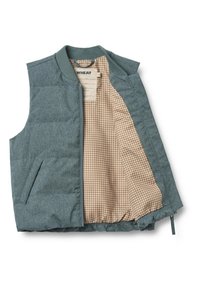 Gilet imbottito blu realizzato in tessuto testurizzato, con due tasche laterali e fodera in madras marrone chiaro, con colletto e bordi a costine.