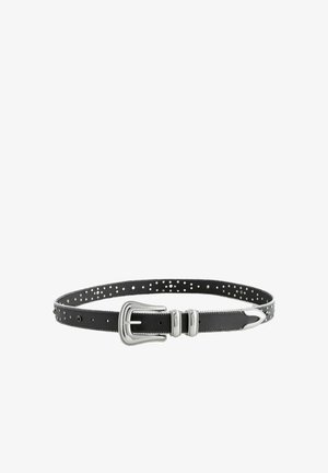 Black leather belt with silver buckle, featuring small holes along the length and a stitched edge. Simple, sleek design with practical function.