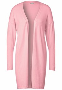 Ljusrosa kofta i mjukt material med lång, öppen design, sänkta axlar och ribbade muddar, utan knäppningar.