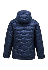 Navy blue puffer jacket with a hood, featuring a wavy quilted design and smooth, shiny texture. No visible hardware or accents.