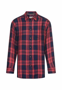 Langarm overhemd in donkerblauw en rood geruit patroon, voorzien van een borstzak en klassieke kraag. Gemaakt van katoen.