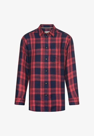 Langarm overhemd in donkerblauw en rood geruit patroon, voorzien van een borstzak en klassieke kraag. Gemaakt van katoen.