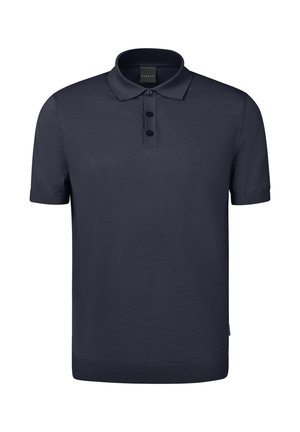 Marineblaues Poloshirt mit kurzen Ärmeln aus glattem Strickstoff, ausgestattet mit einem klassischen Kragen, einer Knopfleiste mit drei Knöpfen und einem gerippten Saum.