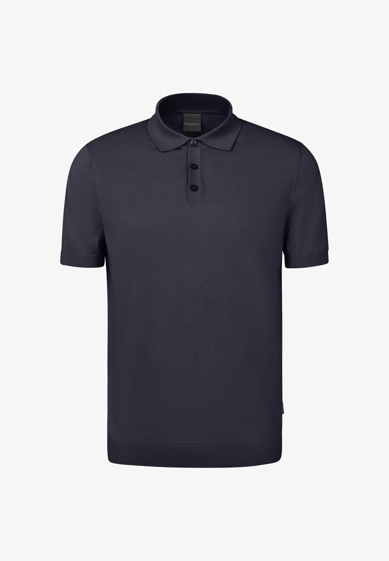 Marineblaues Poloshirt mit kurzen Ärmeln aus glattem Strickstoff, ausgestattet mit einem klassischen Kragen, einer Knopfleiste mit drei Knöpfen und einem gerippten Saum.