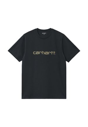 Camiseta Carhartt negra de manga corta con texto de logo beige centrado en el pecho, cuello redondo, talla mediana.