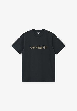 T-shirt Carhartt noir à manches courtes avec texte logo beige centré sur la poitrine, col rond, taille moyenne.