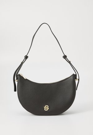 Borsa a tracolla in pelle nera a forma di mezza luna, con chiusura zip e accento del logo dorato sulla parte anteriore. Inclusa una tracolla regolabile.