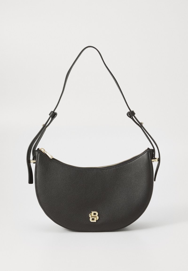 Fekete bőr kézitáska, félhold alakú, cipzáras záródással és arany logóval az elején. Állítható pánt tartozik hozzá.