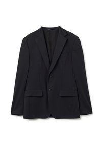 Blazer nero realizzato in tessuto liscio, con chiusura a un bottone, due tasche frontali e colletto a punta.